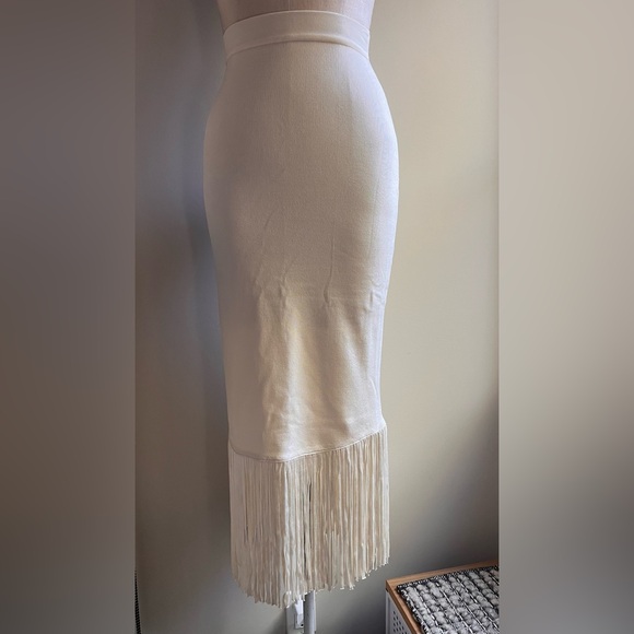 Sandro midi high waist Melania ecru ivory woven knit fringe skirt sz 0 - Picture 2 of 6